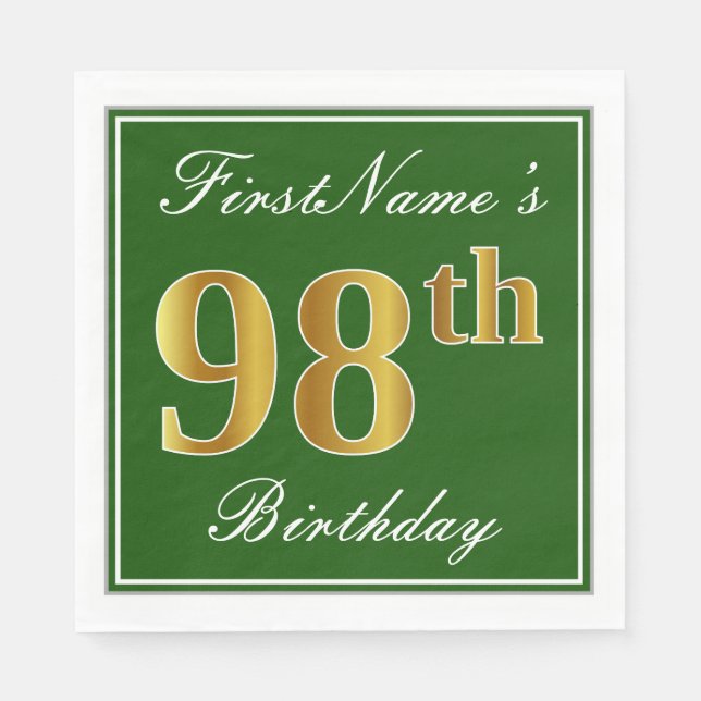 Servilleta De Papel Elegante Verde, Faux Gold 98th Birthday + Nombre (Anverso)