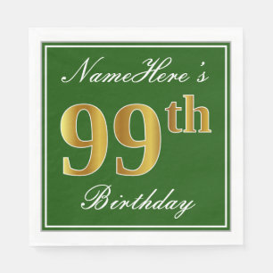 Servilleta De Papel Elegante Verde, Faux Gold 99th Birthday + Nombre
