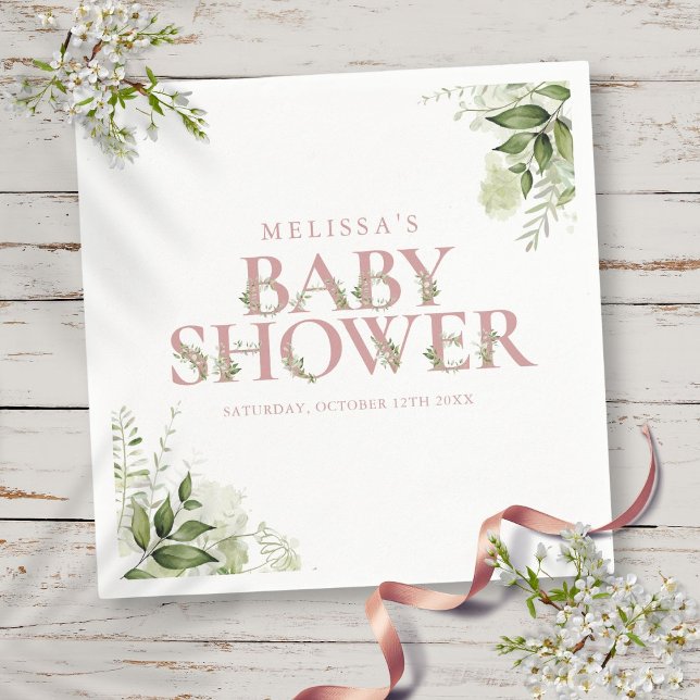 Servilleta De Papel Elegante verde Rosa Baby Shower (Elegant Greenery Dusty Rose Baby Shower Napkins)