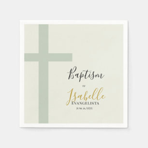 Servilleta De Papel Elegante Verde Salvia Oro Cruz Minimal Bautizo