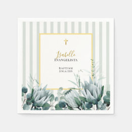 Servilleta De Papel Elegante Verde Salvia Oro Floral Bautizo