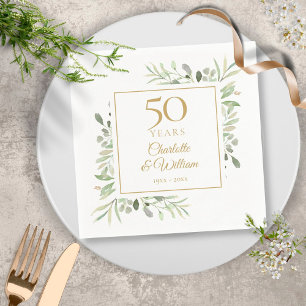 Servilleta De Papel Elegante Verde Vegetal del 50 Aniversario en Oro