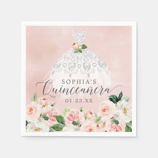 Servilleta De Papel Elegante Vestido Floral Quinceanera (Anverso)