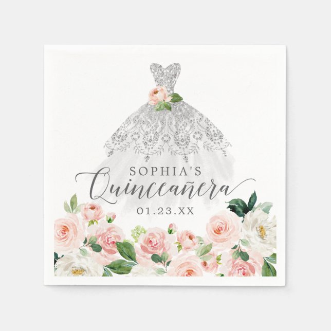 Servilleta De Papel Elegante Vestido Floral Quinceanera (Anverso)