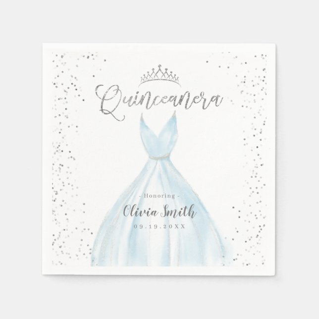 Servilleta De Papel Elegante vestido purpurina azul plateado quinceañe (Anverso)
