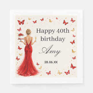 Servilleta De Papel Elegante vestido rojo de cumpleaños 40 con maripos