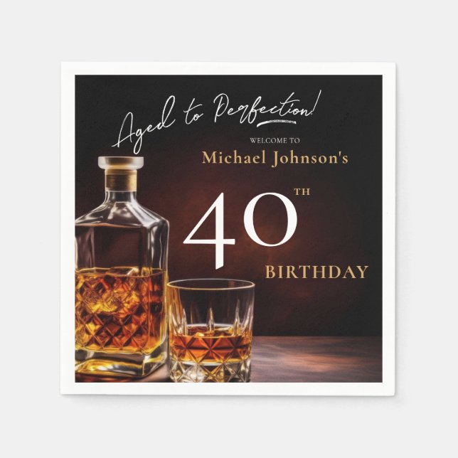 Servilleta De Papel Elegante Whiskey Black Gold 40th Birthday Fiesta N (Anverso)