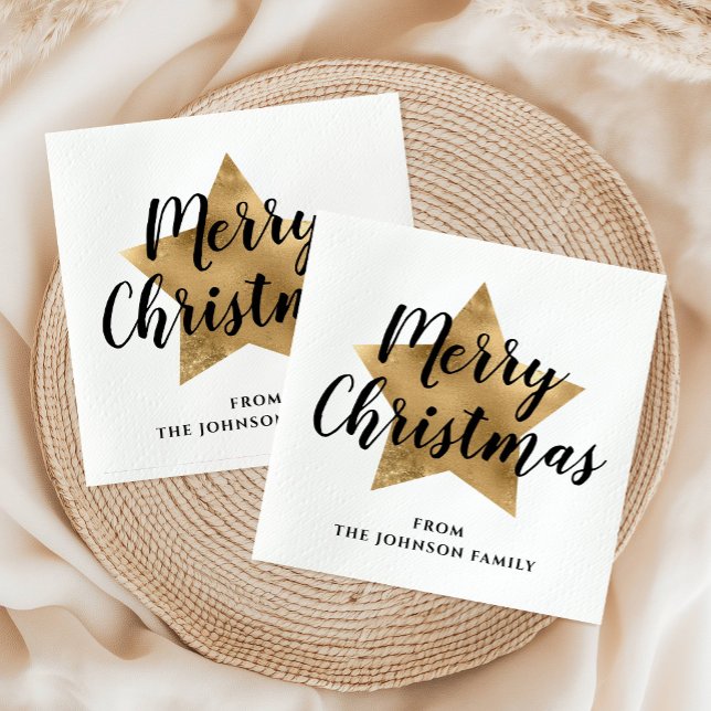 Servilleta De Papel Elegante White Faux Gold Star Feliz Navidad (Elegant White Faux Gold Star Merry Christmas Napkins)