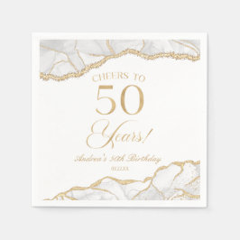 Servilleta De Papel Elegante White Gold Agate 50 cumpleaños