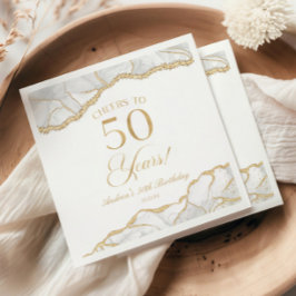 Servilleta De Papel Elegante White Gold Agate 50 cumpleaños