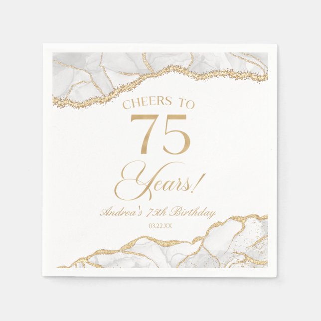 Servilleta De Papel Elegante White Gold Agate 75th Birthday Party (Anverso)