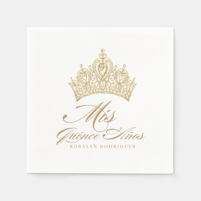Servilleta De Papel Elegante White Gold Tiara Mis Quince Anos (Anverso)