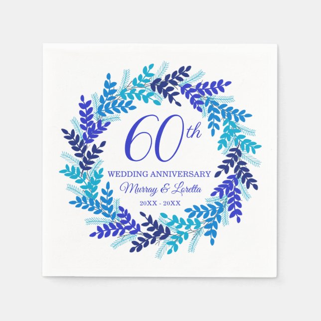 Servilleta De Papel Elegante Wreath azul 60 Aniversario Fiestas Napkin (Anverso)
