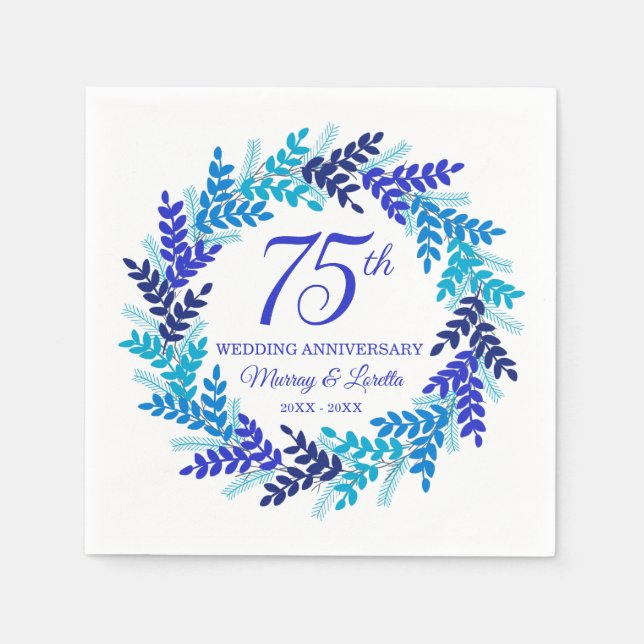 Servilleta De Papel Elegante Wreath Azul 75 Aniversario Fiestas Napkin (Anverso)
