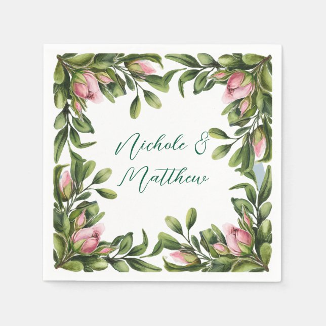Servilleta De Papel Elegante Wreath De Verdor Con Boda De Rosas Rosa R (Anverso)