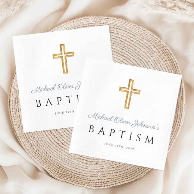 Servilleta De Papel Elegante y moderno bautismo de niño con escritura  (Modern Elegant Dusty Blue Script Boy Baptism Napkins)
