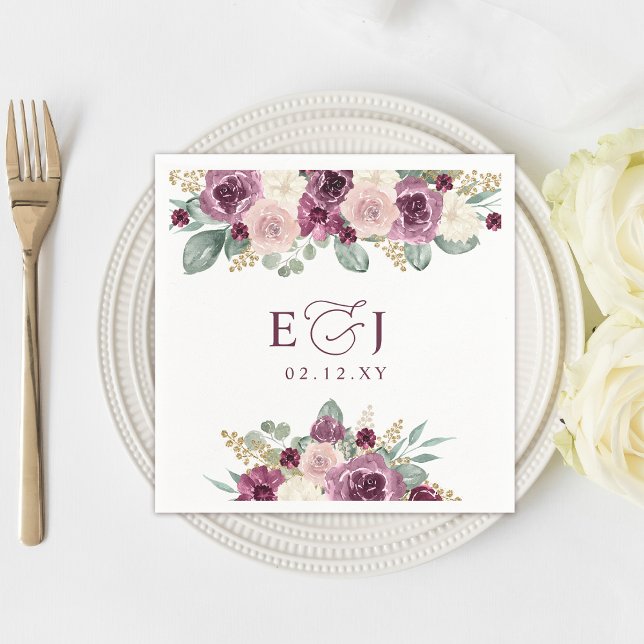 Servilleta De Papel Elegante y moderno matrimonio botánico floral (Elegant Modern Botanical Plum Floral Wedding Napkins)