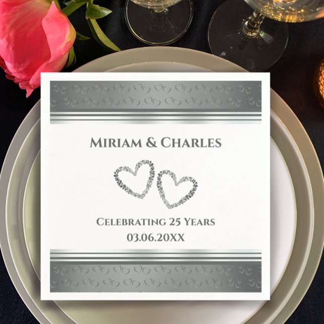 Servilleta De Papel Elegante y personalizado 25º aniversario de Plata  (Add couple’s names for personalized faux silver 25th anniversary party napkins. Elegant heart decor.)