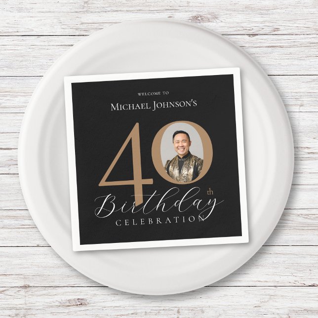 Servilleta De Papel Elegante y simple foto de oro negro 40 cumpleaños (Simple Elegant Black Gold Photo 40th Birthday Napkins)
