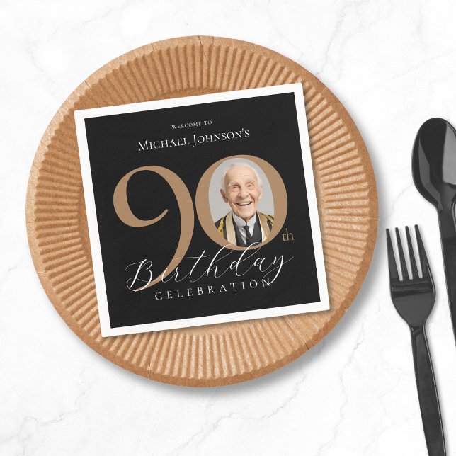 Servilleta De Papel Elegante y simple foto de oro negro 90 cumpleaños (Simple Elegant Black Gold Photo 90th Birthday Napkins)
