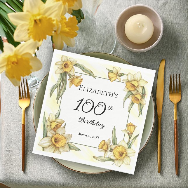 Servilleta De Papel Elegante Yellow Daffodils Floral 100 cumpleaños (Elegant Yellow Daffodils Floral 100th Birthday Party Napkins)
