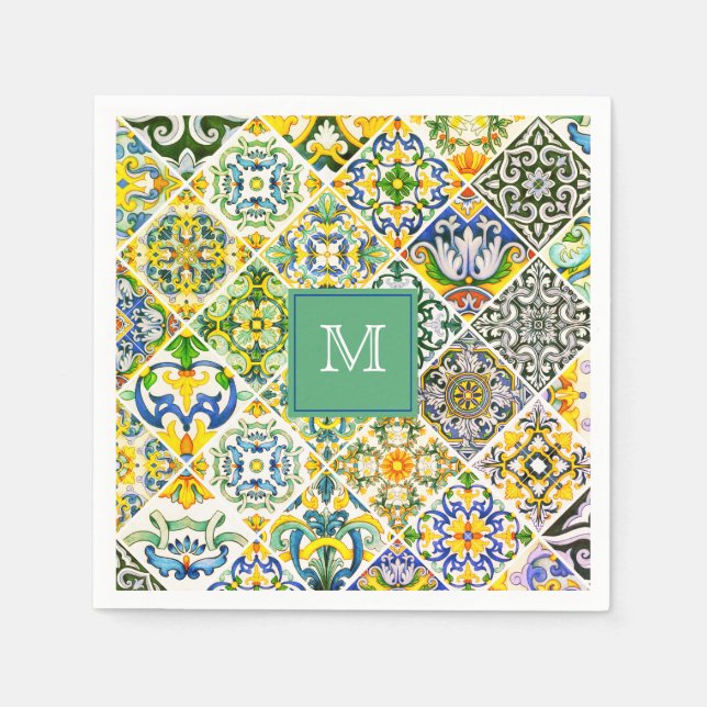 Servilleta De Papel Elegantes azulejos verdes sicilianos mediterráneos (Anverso)
