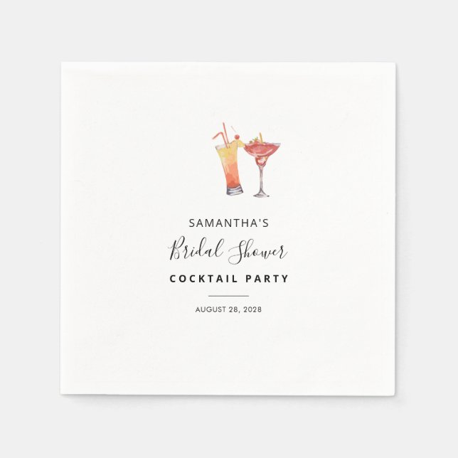 Servilleta De Papel Elegantes Cócteles Acuarela Despedida de Soltera (Anverso)