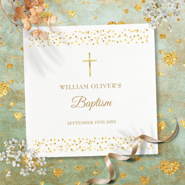 Servilleta De Papel Elegantes Corazones de Oro Bautizo (Elegant Gold Hearts Baptism Christening Napkins)