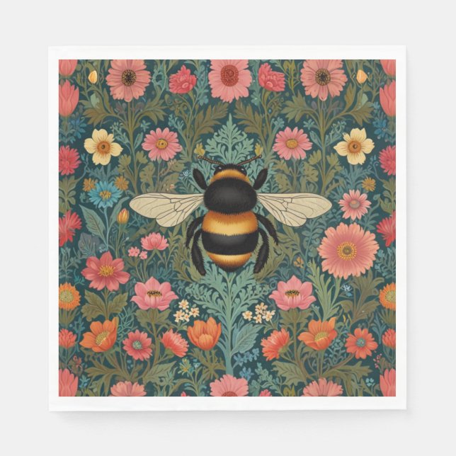 Servilleta De Papel Elegantes florales boho retro de abeja primavera  (Anverso)