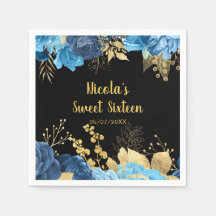 Elegantes flores azules y doradas Sweet Sixteen