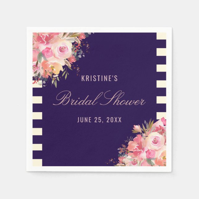 Servilleta De Papel Elegantes franjas azules de la marina floral rosa  (Anverso)