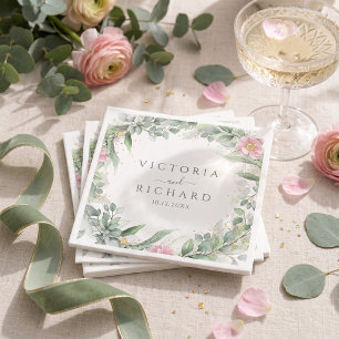 Servilleta De Papel Elegantes hojas de eucalipto Verde dorado Boda