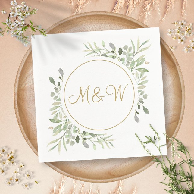 Servilleta De Papel Elegantes iniciales de monograma de oro con verde (Elegant Gold Script Monogram Initials Greenery Napkins)
