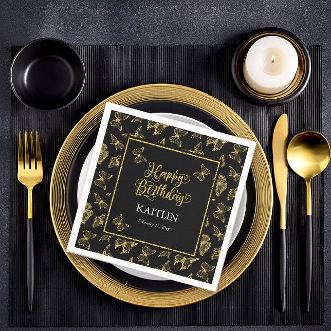 Servilleta De Papel Elegantes mariposas de oro negro feliz cumpleaños (Elegant Black and Faux Gold Butterflies "Happy Birthday" Party Paper Napkins)