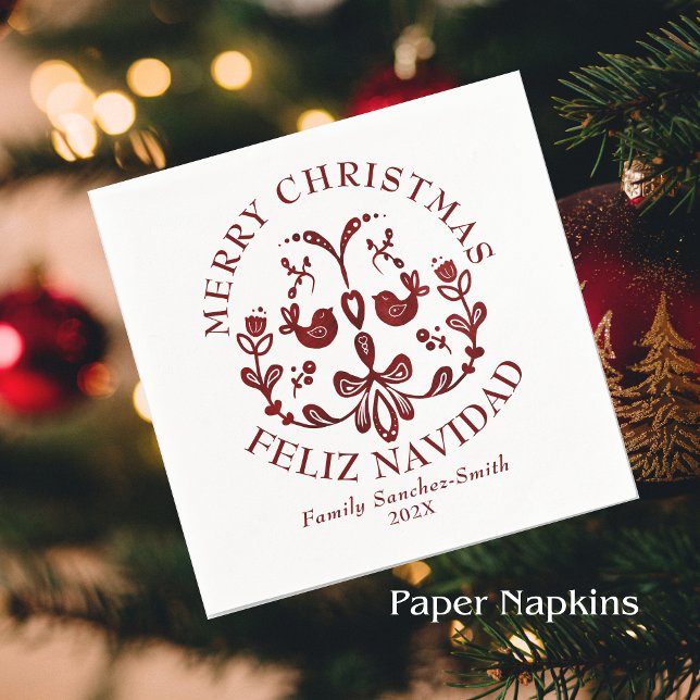 Servilleta De Papel Elegantes Navidades bilingües de Borgoña (Bilingual Christmas Spanish paper napkins, customizable text & family name. multilingual project)