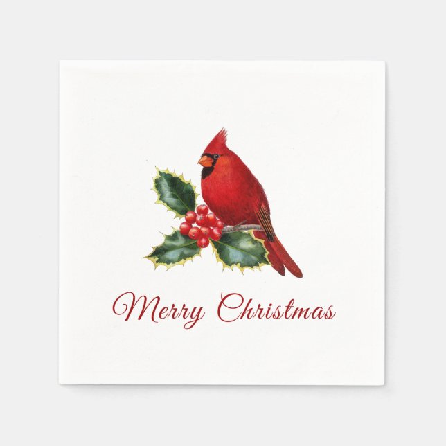 Servilleta De Papel Elegantes Navidades Cardenal Rojo Bird Holly (Anverso)