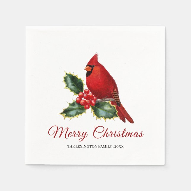 Servilleta De Papel Elegantes Navidades Cardenal Rojo Bird Holly (Anverso)