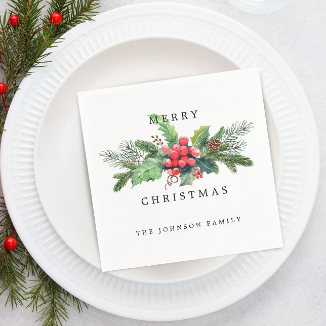 Servilleta De Papel Elegantes Navidades de acuarela Florals Personaliz (Elegant Watercolor Christmas Florals Personalized Napkins)