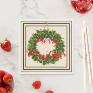Servilleta De Papel Elegantes Navidades de Black, Cream & Red Wreath