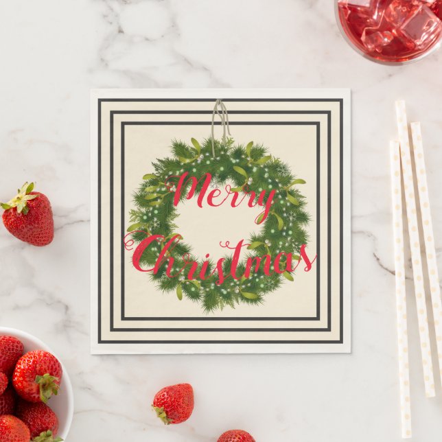 Servilleta De Papel Elegantes Navidades de Black, Cream & Red Wreath (In situ)