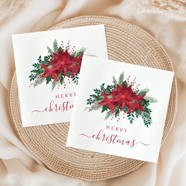 Servilleta De Papel Elegantes Navidades de escritura floral de la poin (Elegant Red Poinsettia Floral Script Christmas Napkins)