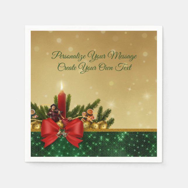 Servilleta De Papel Elegantes Navidades Holiday Holly, Bow & Candle (Anverso)