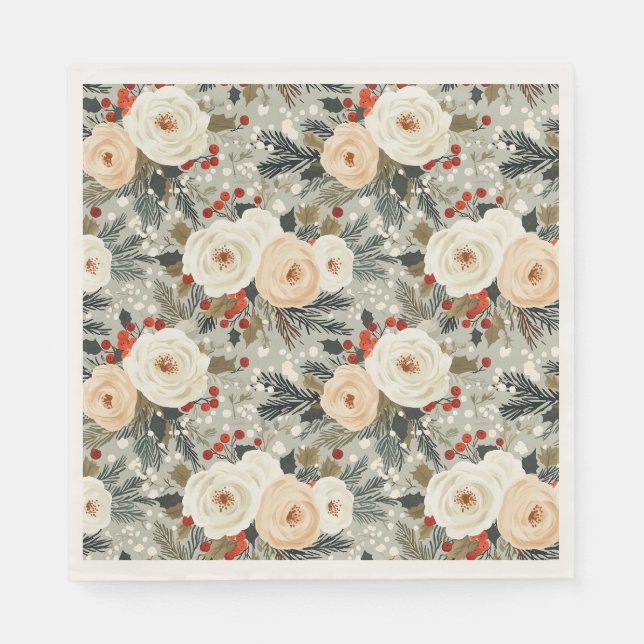 Servilleta De Papel Elegantes Navidades Rosas Blancas y Berry Invierno (Anverso)