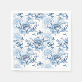 Servilleta De Papel Elegantes Peonies con grabado azul y blanco