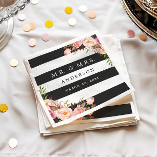 Servilleta De Papel Elegantes rayas blancas negras Boda floral rosa