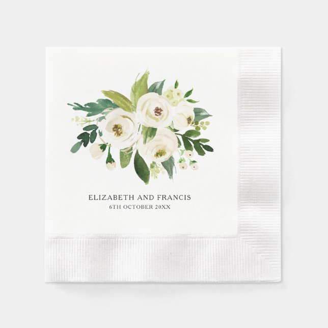 Servilleta De Papel Elegantes rosas blancas verde Boda Papel Napkin (Anverso)