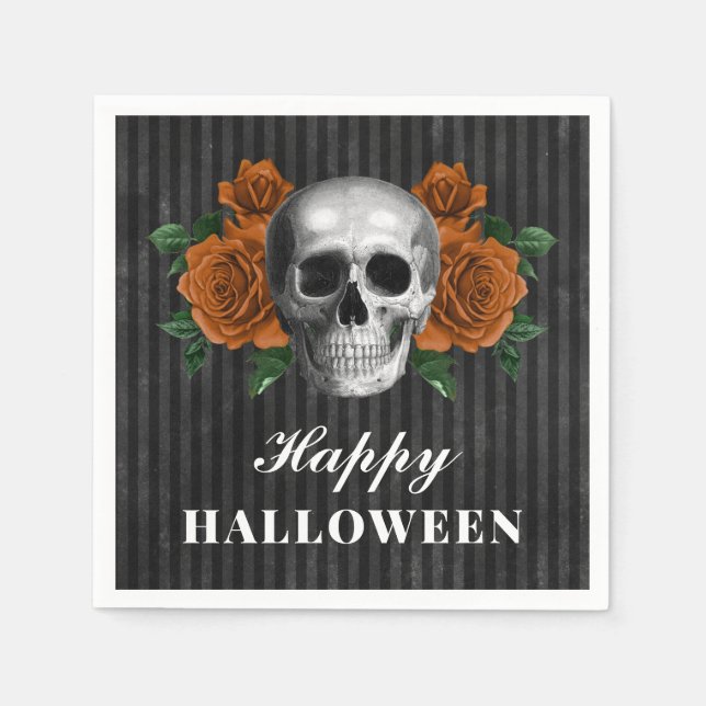 Servilleta De Papel Elegantes Rosas góticos y cráneo Feliz Halloween (Anverso)