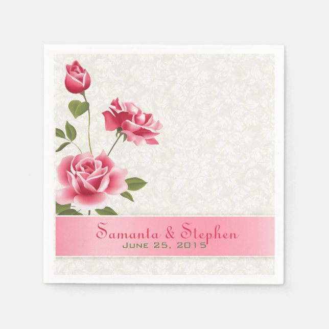 Servilleta De Papel Elegantes rosas rosadas Aplastan damascos blancos (Anverso)
