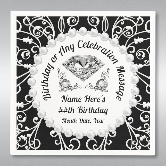 Servilleta De Papel Elegantes toallas personalizadas de papel de cumpl (Birthday Napkins Personalized, Black and White Napkins for Her. Diamond and Pearls Birthday Party. )