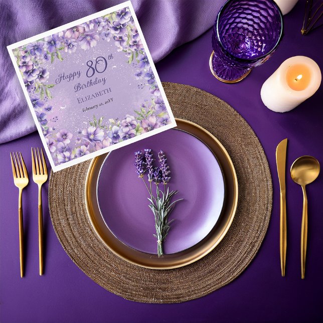 Servilleta De Papel Elegantes violetas moradas florales 80 cumpleaños (Boho Elegant Purple Floral Violets 80th Birthday Party Napkins)